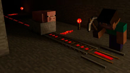 HD Minecraft wallpaper depicting Steve mining near a railroad track with a pig in a minecart, illuminated by redstone lights, capturing the adventurous spirit of the game.