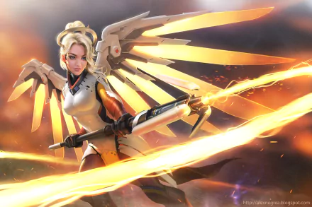 HD desktop wallpaper featuring Mercy from the video game Overwatch, showcasing her in dynamic action with glowing wings and a weapon surrounded by fiery light.