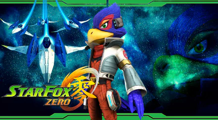 HD desktop wallpaper featuring Falco Lombardi from Star Fox Zero, with spacecrafts and cosmic backdrop.