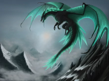 A majestic dragon with glowing teal wings soars above rugged, misty mountains in this HD fantasy wallpaper, capturing an epic scene of mythical grandeur.