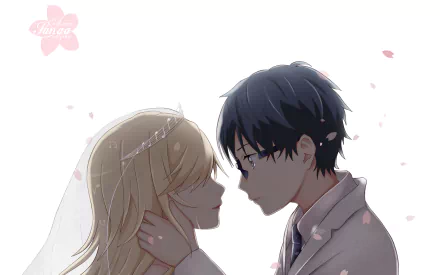Anime wallpaper featuring Kousei Arima and Kaori Miyazono from Your Lie in April. Kousei, with dark hair, lovingly holds Kaori, who has long blonde hair. Cherry blossom petals float around them.