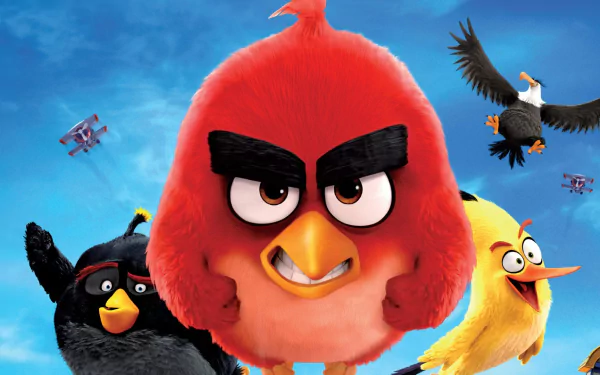 HD desktop wallpaper featuring characters from The Angry Birds Movie, prominently showcasing a red bird with an intense expression, surrounded by other colorful avian characters against a blue sky.
