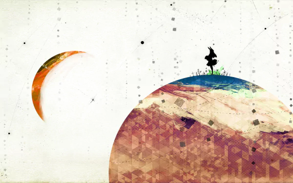 HD PC wallpaper featuring a stylized illustration of a small figure playing music atop a colorful planet, with an orange crescent moon in the background, inspired by Supercell (band).