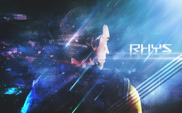 HD PC desktop wallpaper featuring Rhys from the video game Tales From The Borderlands, with a futuristic digital and neon light effect background.