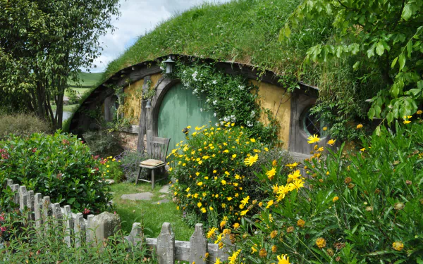 4K Ultra HD desktop wallpaper featuring a vibrant, man-made Hobbiton hobbit hole nestled in lush greenery and colorful flowers under a cloudy sky.