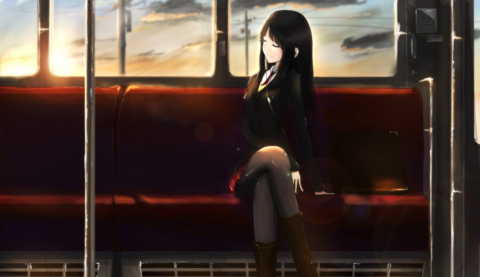 An anime-style illustration featuring a girl in a skirt, tie, and boots, smiling as she sits on a train bench, with a vibrant sunset reflecting in the background.