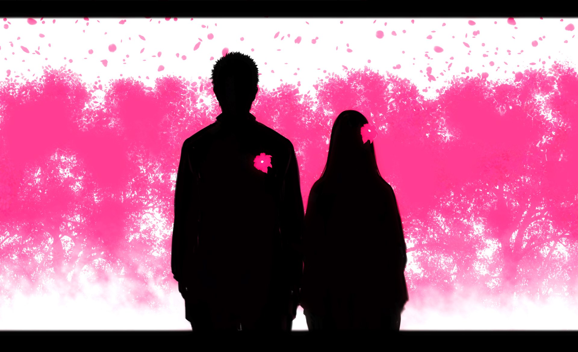 Silhouettes of Hinata Hyuga and Naruto Uzumaki stand against a vibrant pink splatter background, capturing the essence of their bond in this striking anime wallpaper.