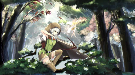 HD PC desktop wallpaper featuring an elf archer from the video game Dragon's Crown in a lush, sunlit forest setting.