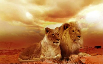 HD PC desktop wallpaper featuring a majestic lion and lioness resting together under a dramatic, golden sky in a savanna landscape.