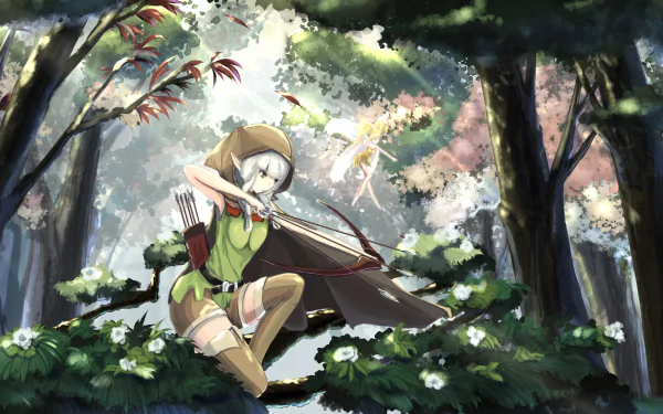 HD PC desktop wallpaper featuring an elf archer from the video game Dragon's Crown in a lush, sunlit forest setting.