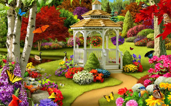 Artistic painting of a vibrant spring garden featuring a white gazebo surrounded by colorful flowers and butterflies, designed as an HD PC desktop wallpaper.