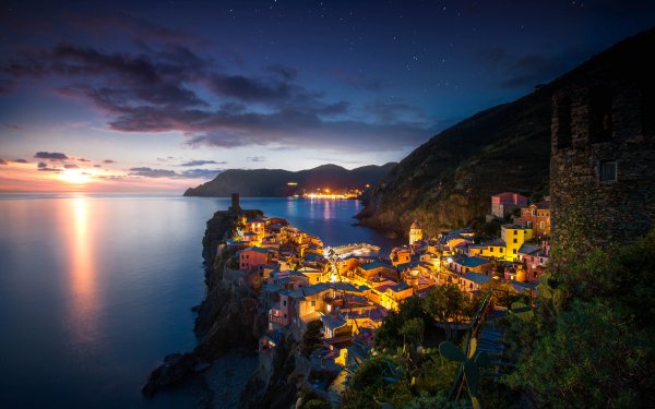 Man Made Vernazza Towns Italy City Cityscape Night Light Coast HD Wallpaper | Background Image