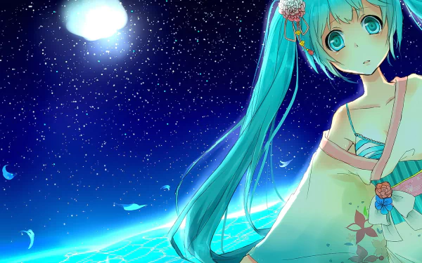 Hatsune Miku with long teal twin-tails and green eyes looks sad against a starry night and glowing blue horizon — anime Vocaloid HD desktop wallpaper.