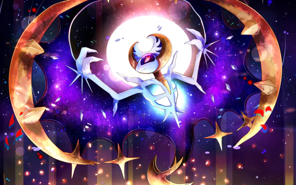 A vibrant HD wallpaper featuring Lunala, the legendary Pokémon from Pokémon: Sun and Moon, set against a cosmic background filled with stars and colorful effects.