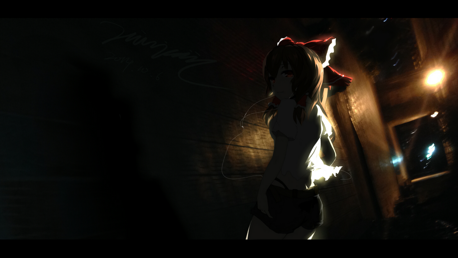 HD PC desktop wallpaper featuring Reimu Hakurei from the anime Touhou, highlighted dramatically against a dark, illuminated background.