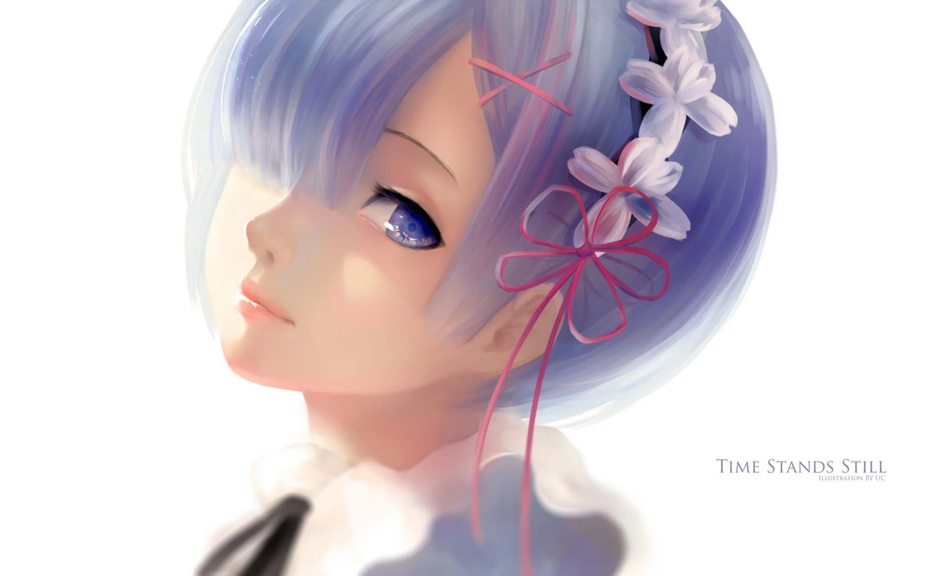 A stunning HD wallpaper featuring Rem from the anime Re:Zero - Starting Life in Another World, showcasing her delicate expression and intricate flower hair accessory.