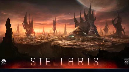 HD desktop wallpaper featuring the title 'Stellaris' over a sci-fi landscape with alien architecture under a vast planetary ring system.