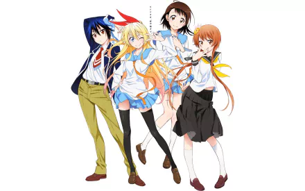 A vibrant HD wallpaper featuring characters Seishirou Tsugumi, Marika Tachibana, Kosaki Onodera, and Chitoge Kirisaki from the anime Nisekoi, all in school uniforms and skirts.