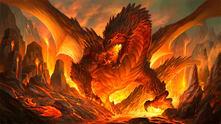 A fierce red dragon with glowing wings stands amid molten lava and jagged rocks under a fiery sky, rendered in HD for a fantasy-themed PC desktop wallpaper.