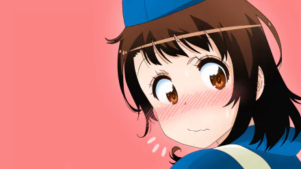 A colorful HD wallpaper featuring Kosaki Onodera from the anime Nisekoi, showcasing her blushing expression against a soft pink background.