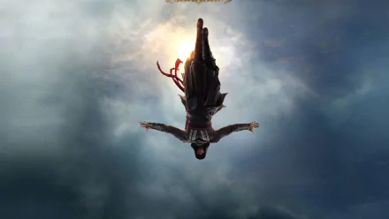 A stunning HD desktop wallpaper featuring a character from the movie Assassin's Creed dramatically descending against a cloudy sky, capturing the essence of adventure and intrigue.