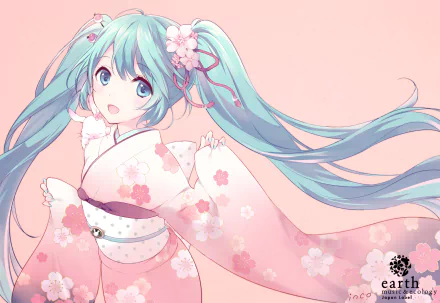 Hatsune Miku in an elegant anime style, wearing a floral kimono with long turquoise hair. This HD desktop wallpaper captures the essence of Vocaloid in a serene, pastel pink background.