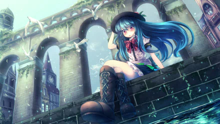 HD PC desktop wallpaper featuring Tenshi Hinanawi from the anime Touhou, sitting on a stone ledge with a snowy, historic cityscape background.