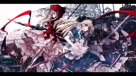 Anime-inspired HD wallpaper featuring Alice from Alice in Wonderland, showcasing her in a dynamic pose alongside a character in red, set against a dramatic backdrop.