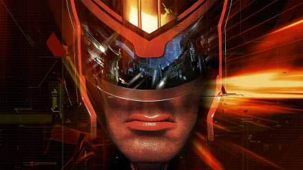 HD PC desktop wallpaper featuring a close-up of Judge Dredd’s helmeted face with vibrant red and orange motion effects inspired by the movie.
