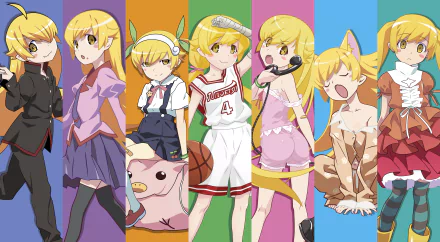 An HD wallpaper featuring characters with blonde hair and yellow eyes from the Monogatari Series, including Nadeko Sengoku, Yotsugi Ononoki, Suruga Kanbaru, Tsubasa Hanekawa, and more.