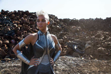 Alexandra Shipp as Storm from X-Men: Apocalypse stands confidently in a futuristic costume against a backdrop of a junkyard, captured in 4K Ultra HD.