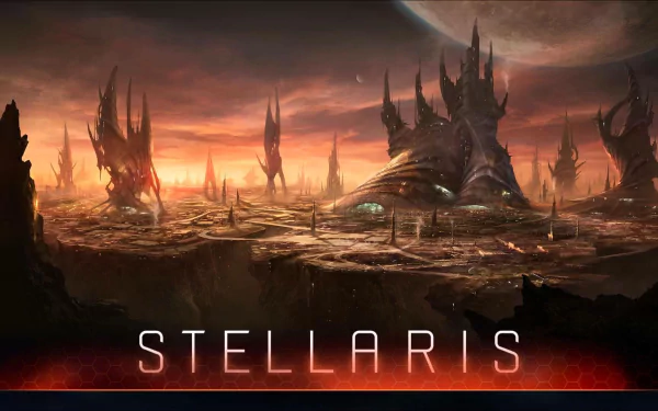 HD desktop wallpaper featuring the title 'Stellaris' over a sci-fi landscape with alien architecture under a vast planetary ring system.