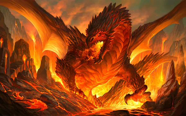 A fierce red dragon with glowing wings stands amid molten lava and jagged rocks under a fiery sky, rendered in HD for a fantasy-themed PC desktop wallpaper.