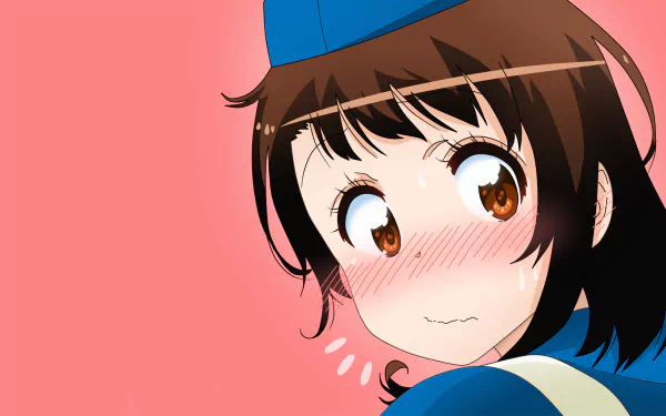 A colorful HD wallpaper featuring Kosaki Onodera from the anime Nisekoi, showcasing her blushing expression against a soft pink background.