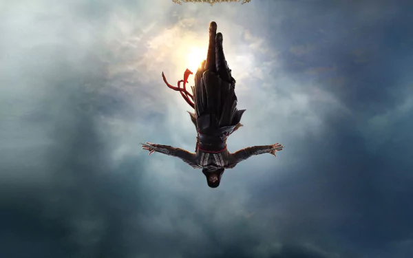 A stunning HD desktop wallpaper featuring a character from the movie Assassin's Creed dramatically descending against a cloudy sky, capturing the essence of adventure and intrigue.