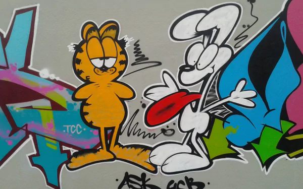 Colorful graffiti-style HD PC desktop wallpaper featuring cartoon characters Garfield and Odie in an artistic street art design.