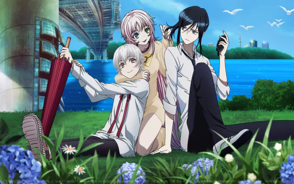 HD PC wallpaper featuring Kuroh Yatogami, Yashiro Isana, and Neko from the anime K Project, sitting together in a vibrant outdoor scene by the water under a bridge.