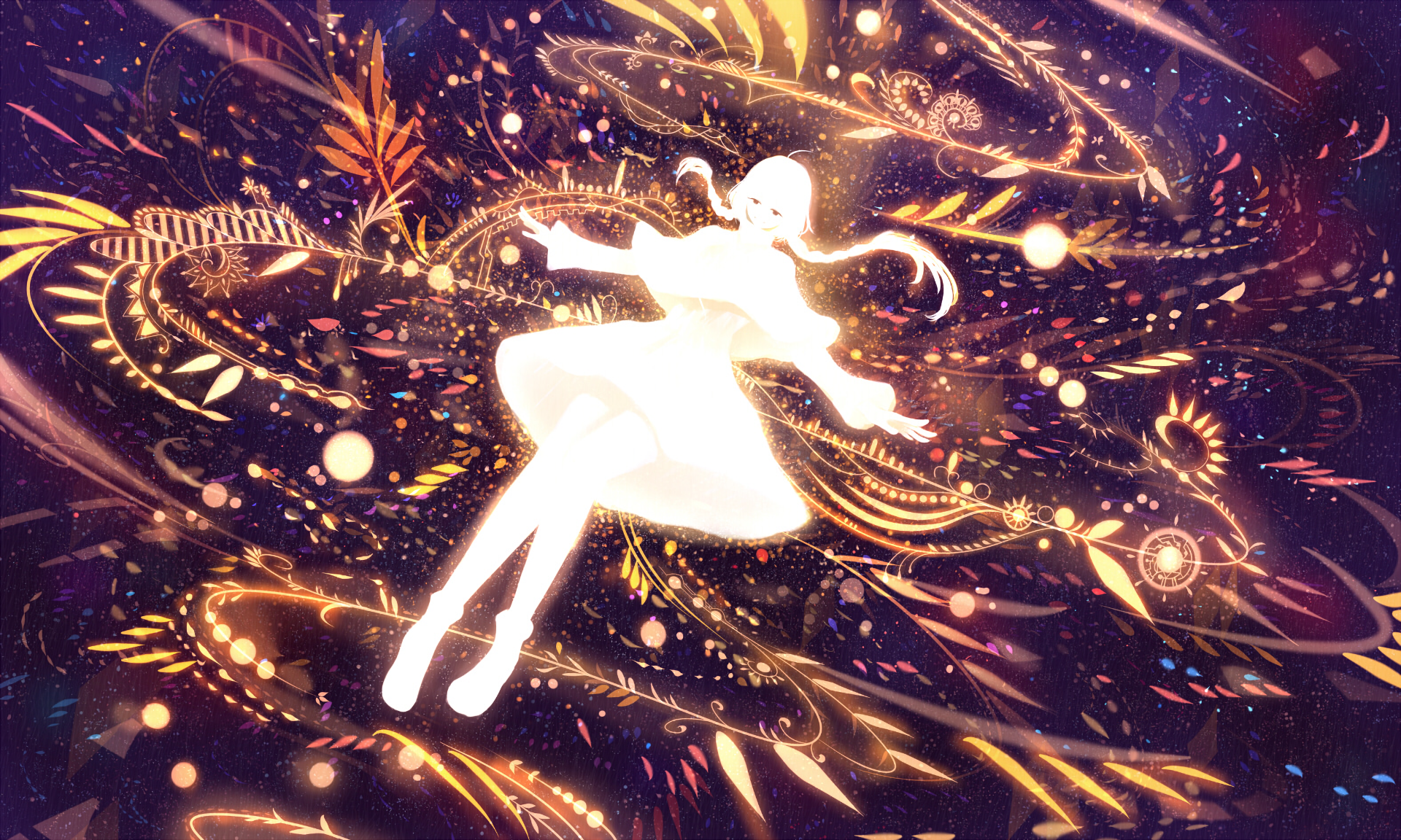 Anime-style original HD desktop wallpaper featuring a glowing, ethereal figure surrounded by swirling golden patterns and sparkling cosmic elements.