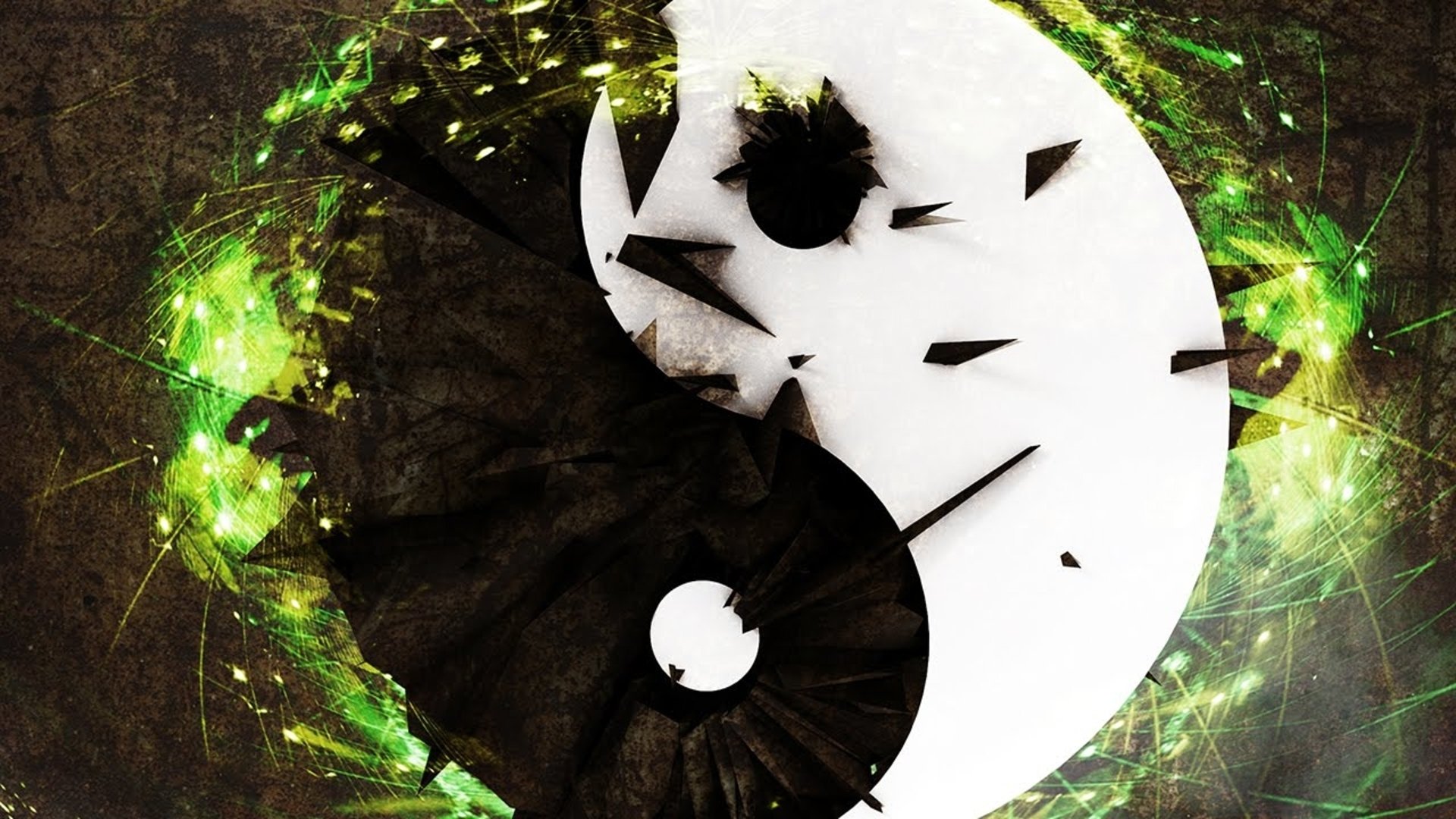 HD PC desktop wallpaper featuring a dynamic yin-yang design with abstract black and white elements, enhanced by vibrant green accents, inspired by music and W&W.