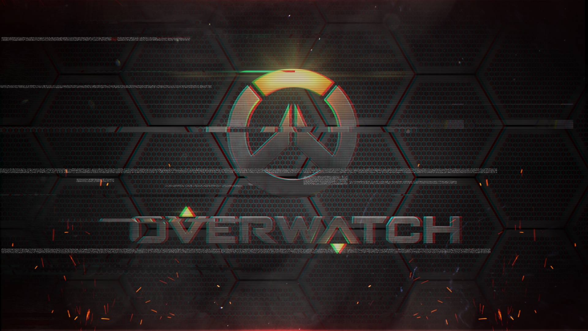 HD wallpaper featuring the Overwatch logo, set against a textured, hexagonal background with a subtle glitch effect, embodying the vibrant energy of the popular video game.