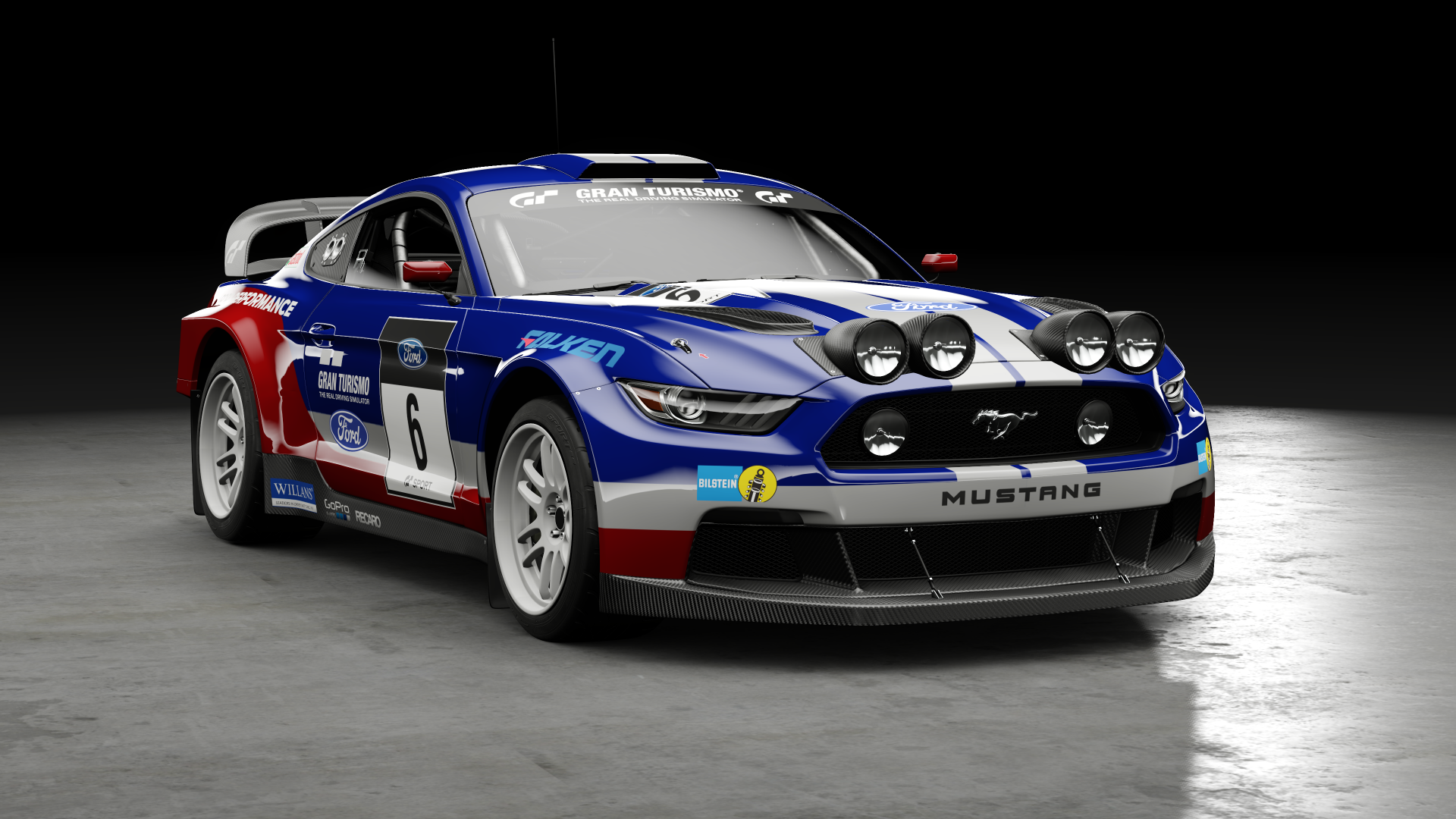 A vibrant 4K Ultra HD PC desktop wallpaper featuring a race-ready Mustang from Gran Turismo Sport, showcasing its striking design and powerful presence in a dark setting.