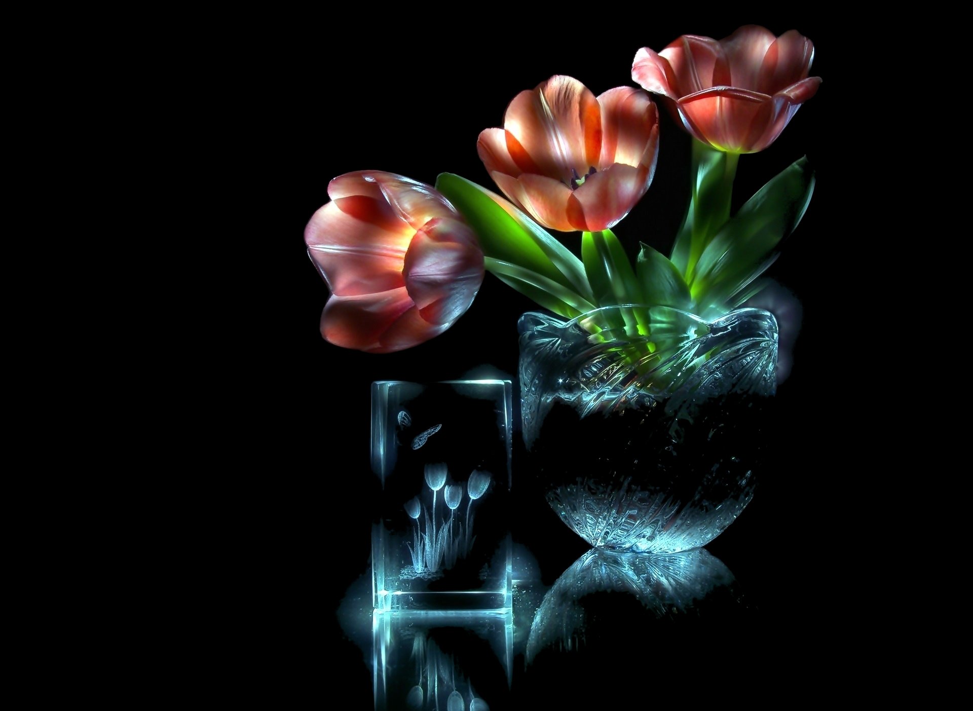 A stunning HD desktop wallpaper featuring vibrant pink tulips in a glass vase, illuminated against a dark backdrop, highlighting the beauty of man-made floral arrangements.