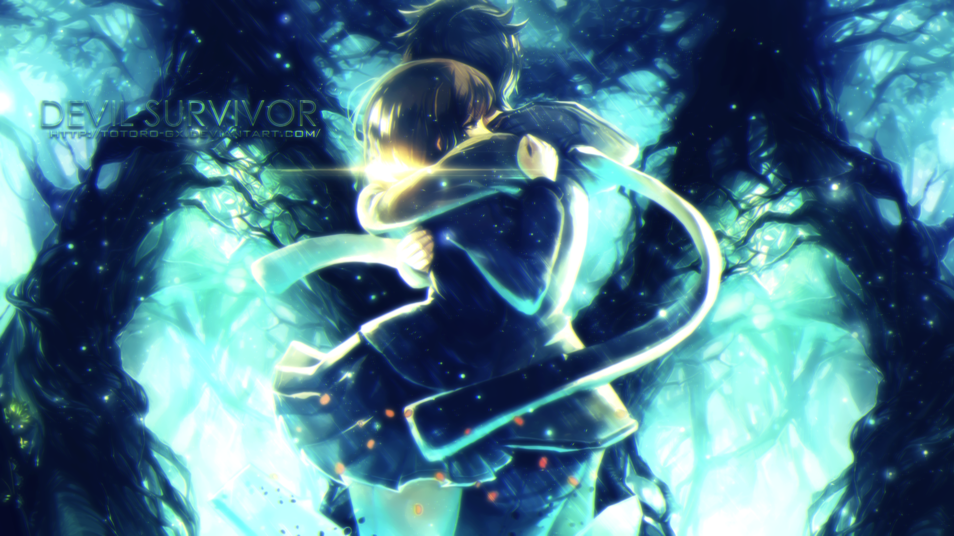 HD PC desktop wallpaper featuring an emotional scene from the anime Devil Survivor 2 The Animation with glowing blue and dark forest elements.