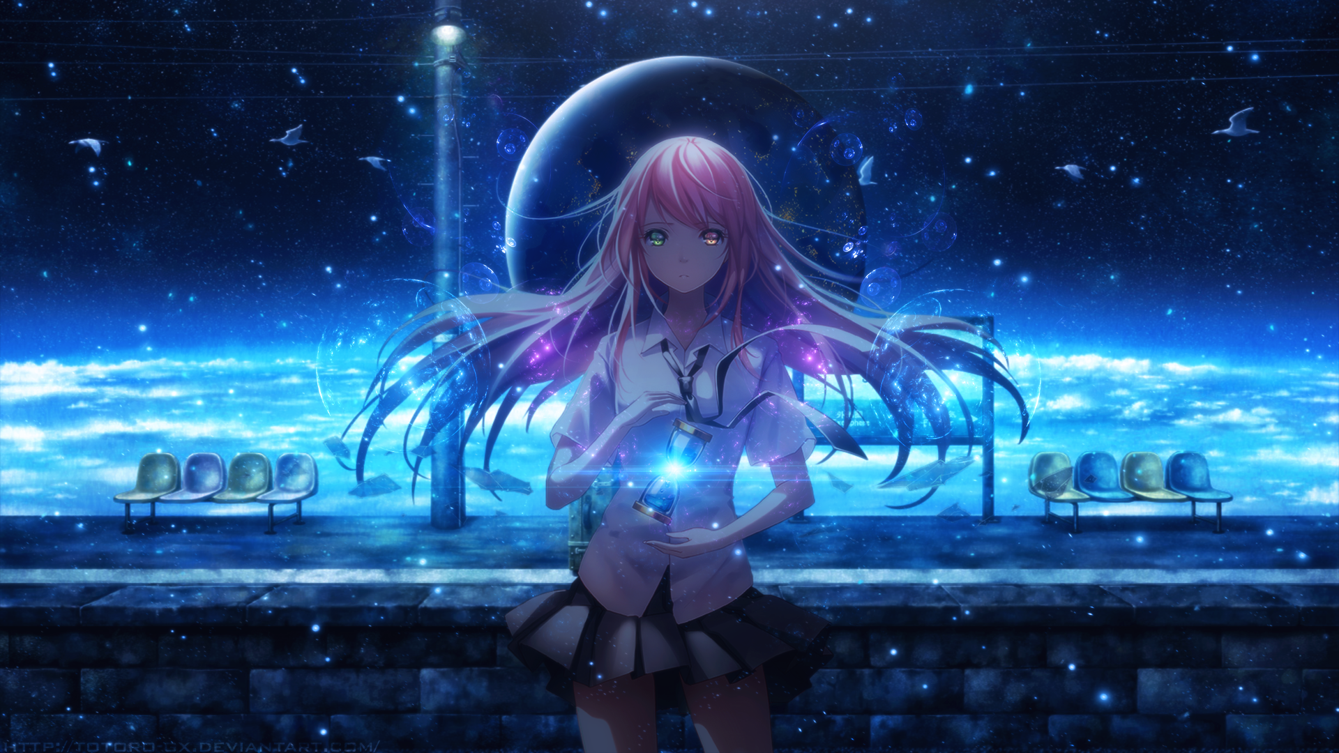 HD anime wallpaper of an original character with pink hair standing against a cosmic background. The starry night sky, ocean waves, and glowing lights create a mesmerizing and magical scene.