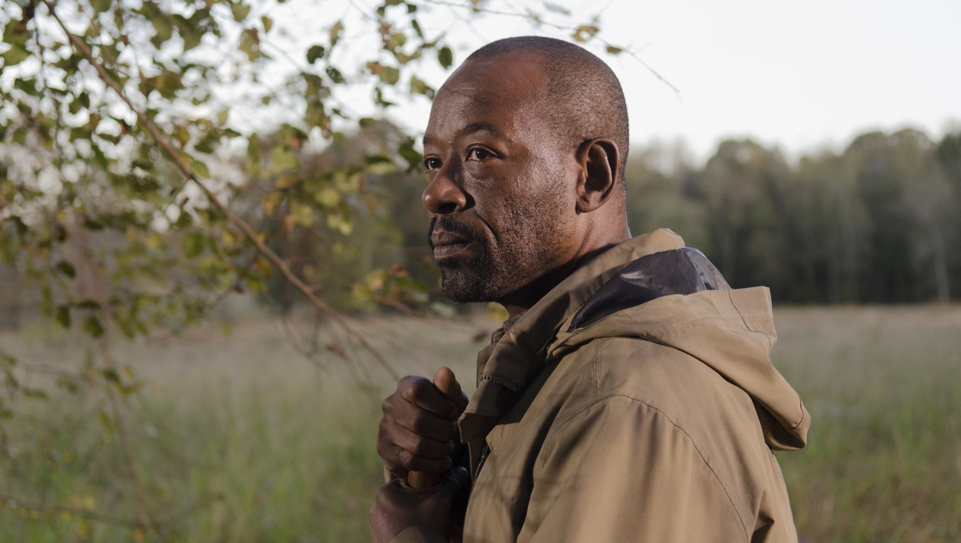 A high-resolution 4K Ultra HD desktop wallpaper featuring a contemplative character from The Walking Dead TV show standing outdoors near a tree in a natural setting.