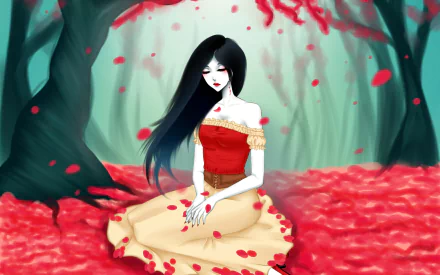 A fantasy-themed HD wallpaper featuring a red-petal-covered ground, with a vampire-like figure sitting gracefully amidst the enchanting scenery.