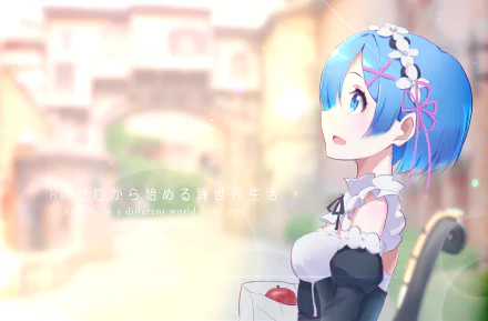 A HD desktop wallpaper featuring Rem, an anime character from Re:Zero - Starting Life in Another World, with blue hair and blue eyes, set against a soft, picturesque background.