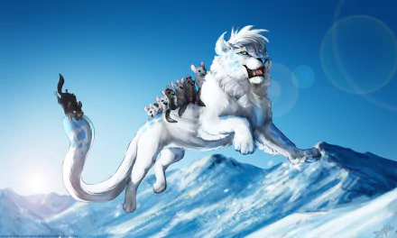 HD fantasy desktop wallpaper depicting a majestic white lion with glowing blue accents leaping over snowy mountains under a clear sky.