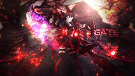 HD desktop wallpaper featuring Rory Mercury, an anime cat girl with long black hair and red eyes in a black dress, holding an axe against a dramatic background with the word GATE.