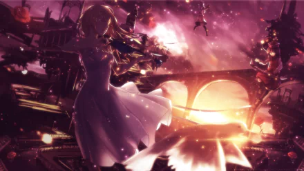 A vibrant HD wallpaper featuring Kaori Miyazono from the anime Your Lie in April, capturing her in a dynamic pose against a dramatic sunset backdrop.